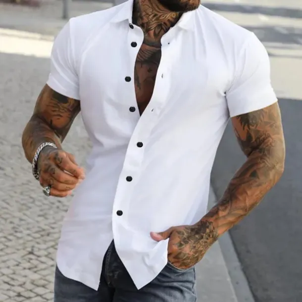 Men's Shirt Summer Shirt Casual Shirt Button Up Shirt Untucked Shirts Black White Yellow Pink Dark Navy Short Sleeve Plain Turndown Vacation Street Clothing Apparel Fashion Casual Comfortable