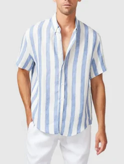 Men's Shirt Summer Shirt Casual Shirt Beach Shirt Button Up Shirt Blue Short Sleeve Stripes Lapel Vacation Daily Clothing Apparel Cotton Cotton Blend Fashion Casual Comfortable