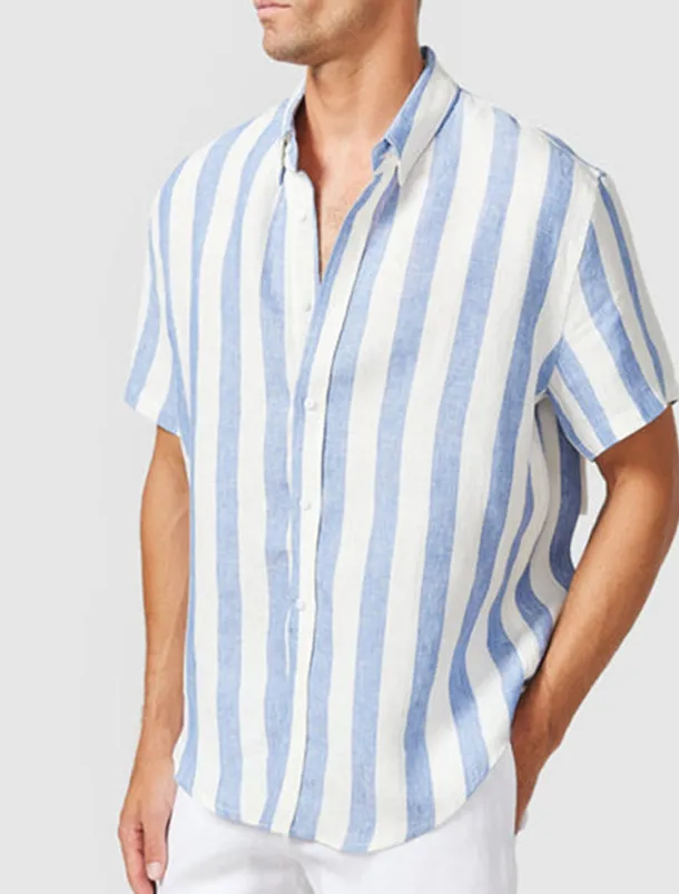 Men's Shirt Summer Shirt Casual Shirt Beach Shirt Button Up Shirt Blue Short Sleeve Stripes Lapel Vacation Daily Clothing Apparel Cotton Cotton Blend Fashion Casual Comfortable