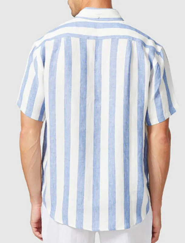 Men's Shirt Summer Shirt Casual Shirt Beach Shirt Button Up Shirt Blue Short Sleeve Stripes Lapel Vacation Daily Clothing Apparel Cotton Cotton Blend Fashion Casual Comfortable