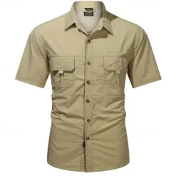 Men's Shirt Summer Shirt Casual Shirt Button Up Shirt Cargo Shirt khaki Dark Grey Army Green Short Sleeve Plain Shirt Collar Vacation Hawaiian Pocket Clothing Apparel 100% Cotton Fashion Casual
