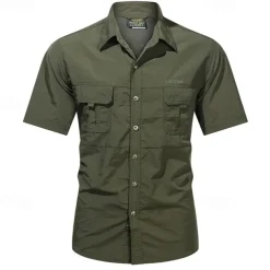 Men's Shirt Summer Shirt Casual Shirt Button Up Shirt Cargo Shirt khaki Dark Grey Army Green Short Sleeve Plain Shirt Collar Vacation Hawaiian Pocket Clothing Apparel 100% Cotton Fashion Casual
