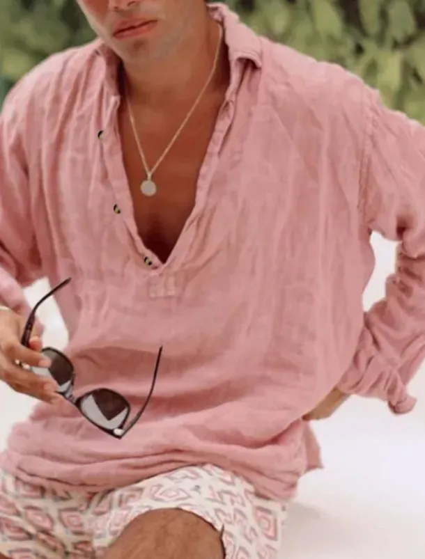 Men's Shirt Summer Shirt Casual Shirt Pink Long Sleeve Plain Lapel Daily Vacation Clothing Apparel Fashion Casual Comfortable