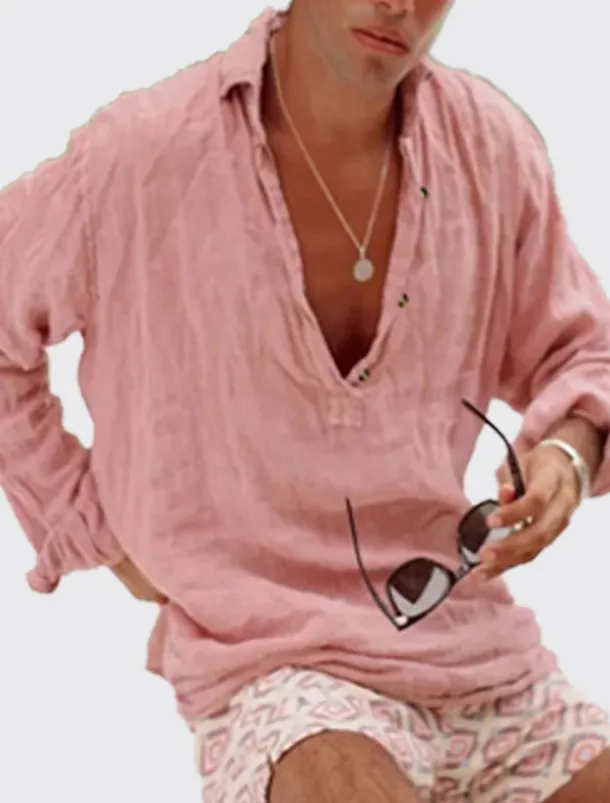 Men's Shirt Summer Shirt Casual Shirt Pink Long Sleeve Plain Lapel Daily Vacation Clothing Apparel Fashion Casual Comfortable