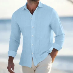 Men's Shirt Waffle Shirt Summer Shirt Casual Shirt Button Up Shirt Black White Blue khaki Long Sleeve Plain Lapel Vacation Daily Clothing Apparel Fashion Casual Comfortable