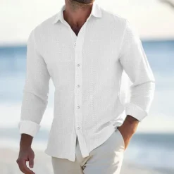 Men's Shirt Waffle Shirt Summer Shirt Casual Shirt Button Up Shirt Black White Blue khaki Long Sleeve Plain Lapel Vacation Daily Clothing Apparel Fashion Casual Comfortable