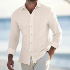 Men's Shirt Waffle Shirt Summer Shirt Casual Shirt Button Up Shirt Black White Blue khaki Long Sleeve Plain Lapel Vacation Daily Clothing Apparel Fashion Casual Comfortable