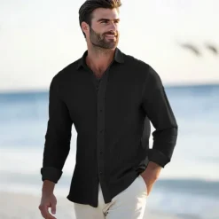 Men's Shirt Waffle Shirt Summer Shirt Casual Shirt Button Up Shirt Black White Blue khaki Long Sleeve Plain Lapel Vacation Daily Clothing Apparel Fashion Casual Comfortable