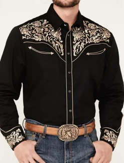 Men's Shirt Western Shirt Cowboy Shirt Long Sleeve Western Style Outdoor Street Casual Daily Fall & Winter Turndown Buttons Print Black