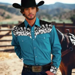 Men's Shirt Western Shirt Cowboy Shirt Long Sleeve Western Style Formal Summer Spring Fall Blue