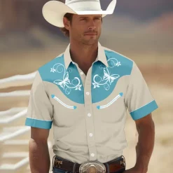 Men's Shirt Western Shirt Cowboy Shirt Short Sleeve Western Style Tribal Summer Spring Shirt Collar Khaki