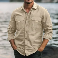 Men's Shirt Work Shirt Button Up Shirt Cargo Shirt Black Green khaki Light Grey Long Sleeve Plain Lapel Vacation Holiday Front Pocket Clothing Apparel Fashion Casual Comfortable