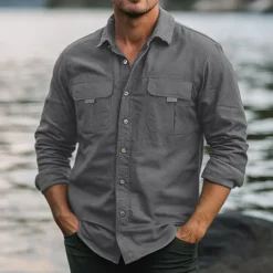 Men's Shirt Work Shirt Button Up Shirt Cargo Shirt Black Green khaki Light Grey Long Sleeve Plain Lapel Vacation Holiday Front Pocket Clothing Apparel Fashion Casual Comfortable