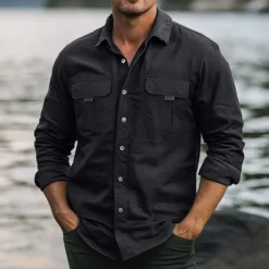 Men's Shirt Work Shirt Button Up Shirt Cargo Shirt Black Green khaki Light Grey Long Sleeve Plain Lapel Vacation Holiday Front Pocket Clothing Apparel Fashion Casual Comfortable