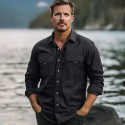 Men's Shirt Work Shirt Button Up Shirt Cargo Shirt Black Green khaki Light Grey Long Sleeve Plain Lapel Vacation Holiday Front Pocket Clothing Apparel Fashion Casual Comfortable