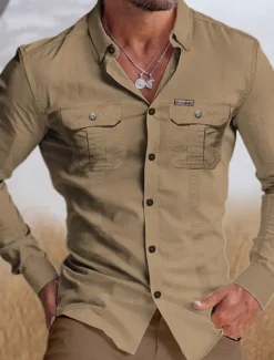 Men's Shirt Workwear Shirts Casual Shirt Work Shirt Button Up Shirt Cargo Shirt White Navy Blue Green khaki Long Sleeve Graphic Prints Turndown Vacation Street Print Clothing Apparel Cotton Cotton