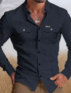 Men's Shirt Workwear Shirts Casual Shirt Work Shirt Button Up Shirt Cargo Shirt White Navy Blue Green khaki Long Sleeve Graphic Prints Turndown Vacation Street Print Clothing Apparel Cotton Cotton