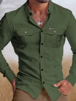 Men's Shirt Workwear Shirts Casual Shirt Work Shirt Button Up Shirt Cargo Shirt White Navy Blue Green khaki Long Sleeve Graphic Prints Turndown Vacation Street Print Clothing Apparel Cotton Cotton