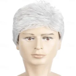 Mens Short Grey White Wigs Fluffy and Realistic Short Hair Old Man Wig MenS Natural Daily Use Hair Synthetic Hair Heat Resistant Replacement Full Wigs