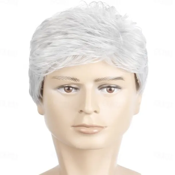 Mens Short Grey White Wigs Fluffy and Realistic Short Hair Old Man Wig MenS Natural Daily Use Hair Synthetic Hair Heat Resistant Replacement Full Wigs