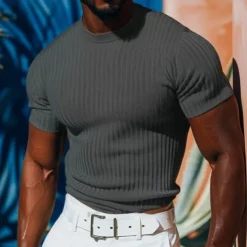 Men's Short Sleeve Shirt Ribbed Knit tee Tee Top Short Sleeve Crew Neck Summer Spring & Summer Solid Color Pit Strip Sports Daily Ribbed Outdoor Casual Dark Grey White Royal Blue Top Tee for Men