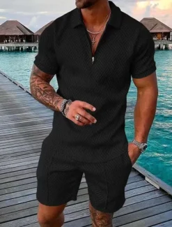 Men's Shorts and T Shirt Set Zip Polo Golf Shirt Turndown Streetwear Sportswear Casual Short Sleeve Black Yellow Pink Red Navy Blue Blue Waves Geometry Turndown Zip Going out Zipper Clothing Clothes