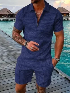 Men's Shorts and T Shirt Set Zip Polo Golf Shirt Turndown Streetwear Sportswear Casual Short Sleeve Black Yellow Pink Red Navy Blue Blue Waves Geometry Turndown Zip Going out Zipper Clothing Clothes