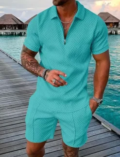 Men's Shorts and T Shirt Set Zip Polo Golf Shirt Turndown Streetwear Sportswear Casual Short Sleeve Black Yellow Pink Red Navy Blue Blue Waves Geometry Turndown Zip Going out Zipper Clothing Clothes