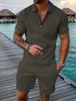 Men's Shorts and T Shirt Set Zip Polo Golf Shirt Turndown Streetwear Sportswear Casual Short Sleeve Black Yellow Pink Red Navy Blue Blue Waves Geometry Turndown Zip Going out Zipper Clothing Clothes