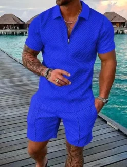Men's Shorts and T Shirt Set Zip Polo Golf Shirt Turndown Streetwear Sportswear Casual Short Sleeve Black Yellow Pink Red Navy Blue Blue Waves Geometry Turndown Zip Going out Zipper Clothing Clothes