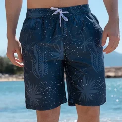 Men's Shorts Beach Shorts Drawstring Graphic Leaf Tree Breathable Quick Dry Knee Length Outdoor Vacation Home Vacation Ethnic Style Navy Blue Stretchy