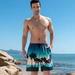Men's Shorts Beach Shorts Pocket Drawstring Print Graphic Leaf Tree Breathable Quick Dry Knee Length Outdoor Vacation Home Vacation Ethnic Style Lake blue Dark Blue / Red Micro-elastic