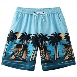 Men's Shorts Beach Shorts Pocket Drawstring Print Graphic Leaf Tree Breathable Quick Dry Knee Length Outdoor Vacation Home Vacation Ethnic Style Lake blue Dark Blue / Red Micro-elastic