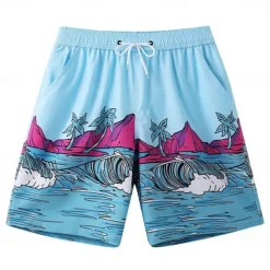 Men's Shorts Beach Shorts Pocket Drawstring Print Graphic Leaf Tree Breathable Quick Dry Knee Length Outdoor Vacation Home Vacation Ethnic Style Lake blue Dark Blue / Red Micro-elastic