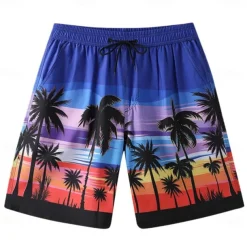 Men's Shorts Beach Shorts Pocket Drawstring Print Graphic Leaf Tree Breathable Quick Dry Knee Length Outdoor Vacation Home Vacation Ethnic Style Lake blue Dark Blue / Red Micro-elastic