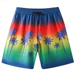 Men's Shorts Beach Shorts Pocket Drawstring Print Graphic Leaf Tree Breathable Quick Dry Knee Length Outdoor Vacation Home Vacation Ethnic Style Lake blue Dark Blue / Red Micro-elastic