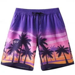 Men's Shorts Beach Shorts Pocket Drawstring Print Graphic Leaf Tree Breathable Quick Dry Knee Length Outdoor Vacation Home Vacation Ethnic Style Lake blue Dark Blue / Red Micro-elastic