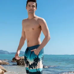 Men's Shorts Beach Shorts Pocket Drawstring Print Graphic Leaf Tree Breathable Quick Dry Knee Length Outdoor Vacation Home Vacation Ethnic Style Lake blue Dark Blue / Red Micro-elastic