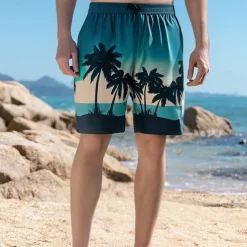 Men's Shorts Beach Shorts Pocket Drawstring Print Graphic Leaf Tree Breathable Quick Dry Knee Length Outdoor Vacation Home Vacation Ethnic Style Lake blue Dark Blue / Red Micro-elastic