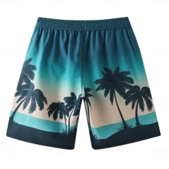 Men's Shorts Beach Shorts Pocket Drawstring Print Graphic Leaf Tree Breathable Quick Dry Knee Length Outdoor Vacation Home Vacation Ethnic Style Lake blue Dark Blue / Red Micro-elastic