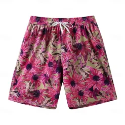 Men's Shorts Beach Shorts Drawstring Graphic Leaf Animal Breathable Quick Dry Knee Length Outdoor Vacation Home Vacation Ethnic Style Lake blue ArmyGreen Stretchy