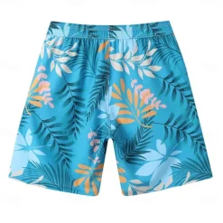 Men's Shorts Beach Shorts Drawstring Graphic Leaf Animal Breathable Quick Dry Knee Length Outdoor Vacation Home Vacation Ethnic Style Lake blue ArmyGreen Stretchy