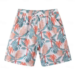 Men's Shorts Beach Shorts Drawstring Graphic Leaf Animal Breathable Quick Dry Knee Length Outdoor Vacation Home Vacation Ethnic Style Lake blue ArmyGreen Stretchy