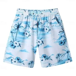Men's Shorts Beach Shorts Drawstring Graphic Leaf Animal Breathable Quick Dry Knee Length Outdoor Vacation Home Vacation Ethnic Style Lake blue ArmyGreen Stretchy