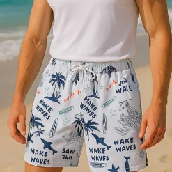 Men's Shorts Beach Shorts Drawstring Graphic Leaf Tree Breathable Quick Dry Knee Length Outdoor Vacation Home Vacation Ethnic Style White & Blue Dark Blue Micro-elastic