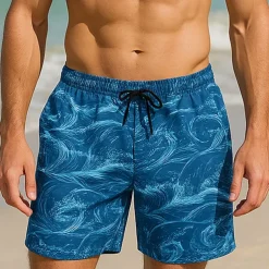 Men's Shorts Beach Shorts Drawstring Ocean Abstract Abstract Art Breathable Quick Dry Knee Length Outdoor Vacation Home Vacation Ethnic Style Lake blue Navy Blue Stretchy