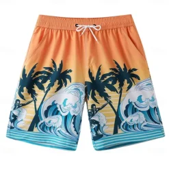 Men's Shorts Beach Shorts Pocket Drawstring Elastic Waist Graphic Leaf Tree Breathable Quick Dry Knee Length Outdoor Vacation Home Vacation Ethnic Style Lake blue Dark Blue / Red Micro-elastic