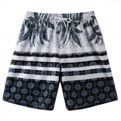 Men's Shorts Beach Shorts Pocket Drawstring Elastic Waist Graphic Leaf Tree Breathable Quick Dry Knee Length Outdoor Vacation Home Vacation Ethnic Style Lake blue Dark Blue / Red Micro-elastic
