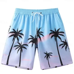 Men's Shorts Beach Shorts Pocket Drawstring Elastic Waist Graphic Leaf Tree Breathable Quick Dry Knee Length Outdoor Vacation Home Vacation Ethnic Style Lake blue Dark Blue / Red Micro-elastic