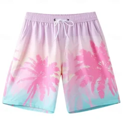 Men's Shorts Beach Shorts Pocket Drawstring Elastic Waist Graphic Leaf Tree Breathable Quick Dry Knee Length Outdoor Vacation Home Vacation Ethnic Style Lake blue Dark Blue / Red Micro-elastic